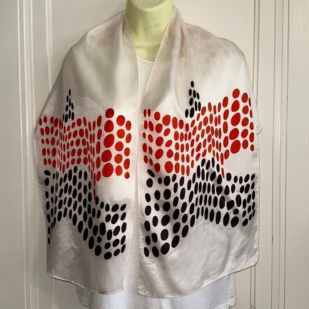 Vintage orange & black spotted mid century white polyester long scarf‎